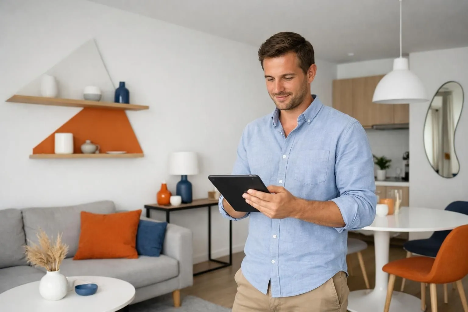 Propriétaire souriant consultant une tablette dans un appartement de location saisonnière moderne et chaleureux avec décoration minimaliste, lumière naturelle traversant de grandes fenêtres, ambiance professionnelle et accueillante