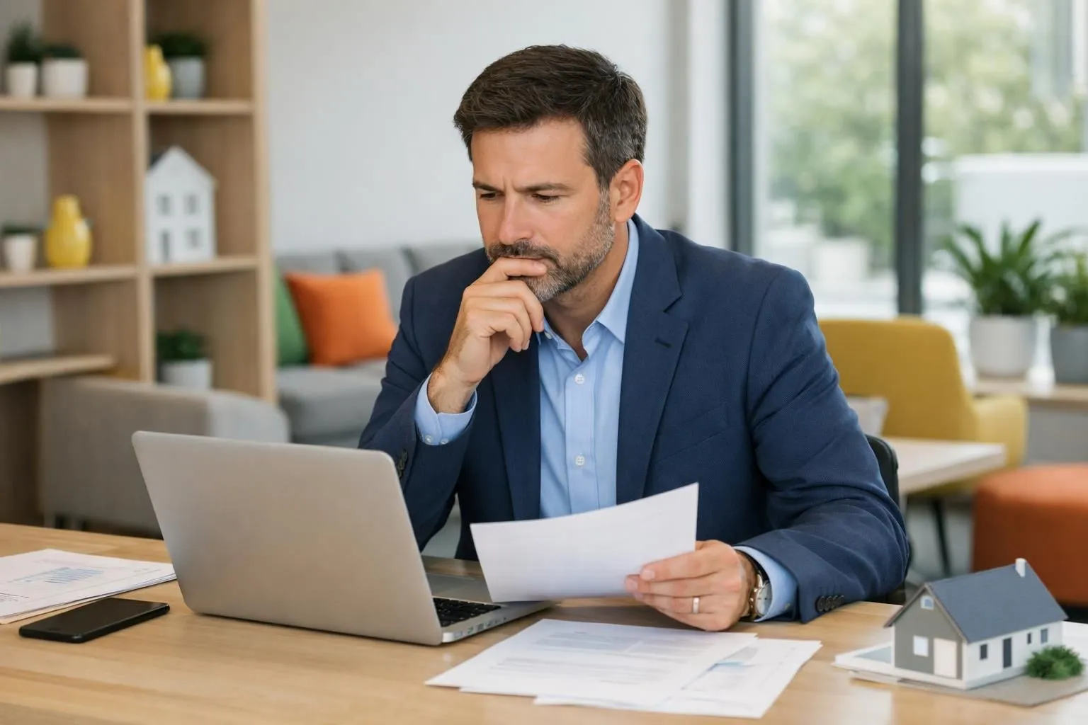 Property investor reviewing financial feasibility documents and rental market analysis on laptop in bright modern home office, serious focused expression, professional setting with property photos and charts visible on desk, natural daylight through window