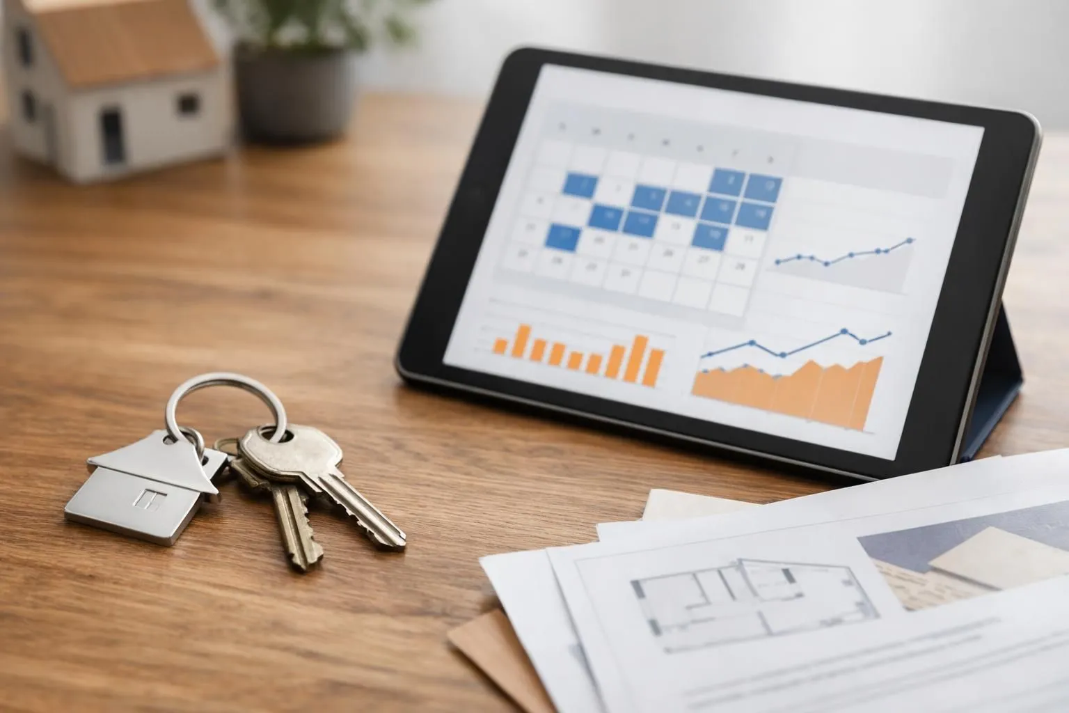 Close-up of modern apartment keys on a wooden table next to a digital tablet displaying rental calendar and revenue graphs, with French property documents visible, natural daylight, professional real estate investment atmosphere