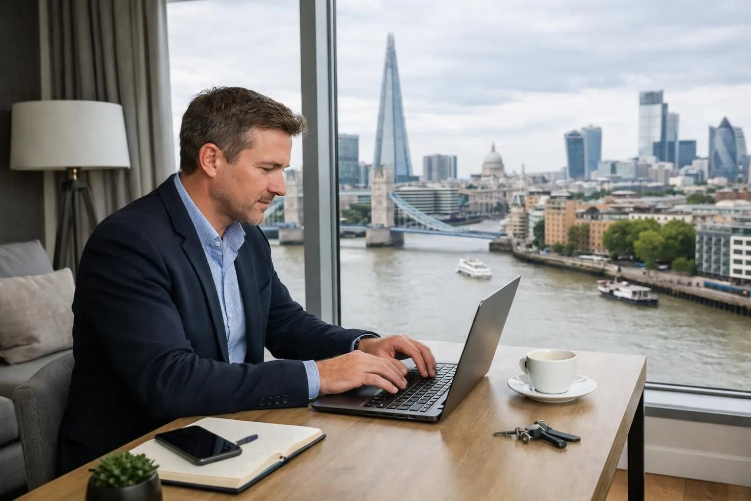 Professional property manager in modern London apartment reviewing booking analytics on laptop with view of Thames and city landmarks through window, realistic photography style showing hospitality industry management