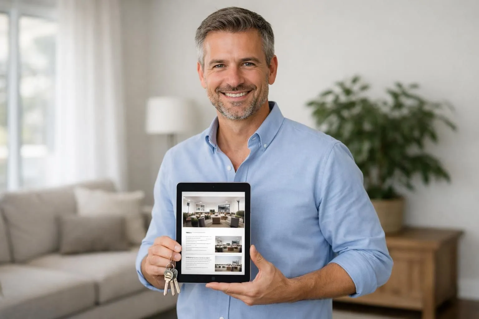 Propriétaire souriant dans un salon lumineux consultant une tablette affichant un livret d'accueil numérique interactif, avec en arrière-plan des clés de location saisonnière et une plante verte, ambiance professionnelle et moderne de gestion immobilière pour locations courte durée