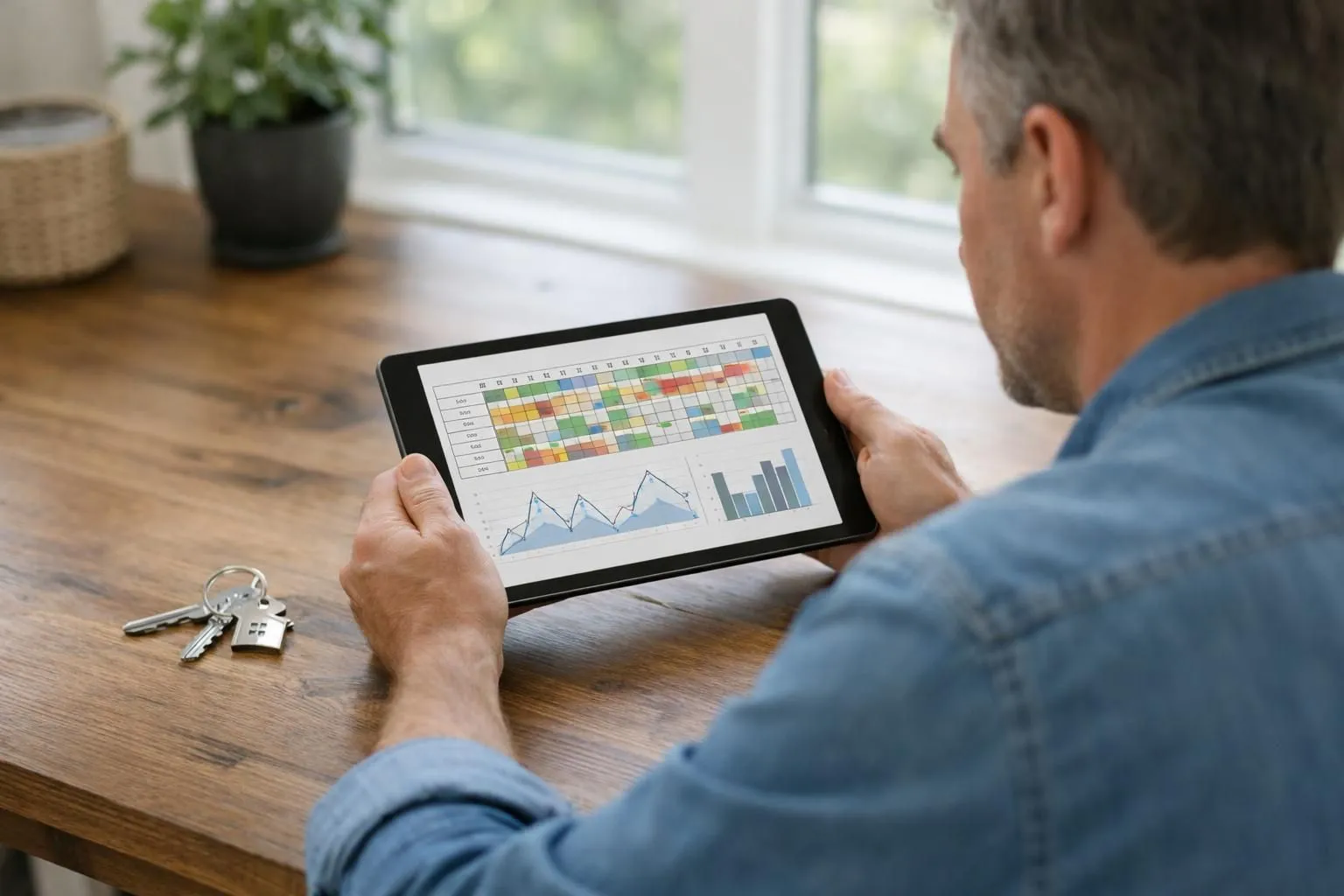 Property owner examining seasonal booking calendar on tablet with graphs showing occupancy fluctuations, sitting at wooden desk with vacation rental keys and welcome guide visible, natural daylight streaming through window