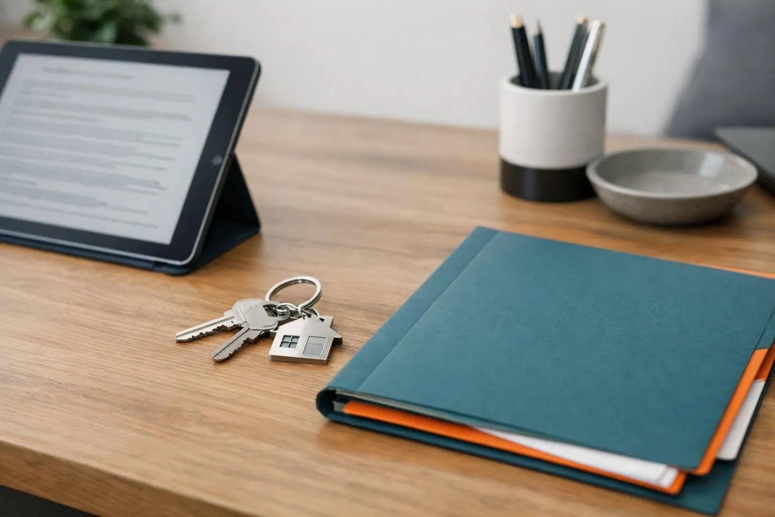 Professional property manager reviewing house rules document at modern wooden desk with tablet displaying rental regulations, neutral background with rental keys and welcome folder, no text visible