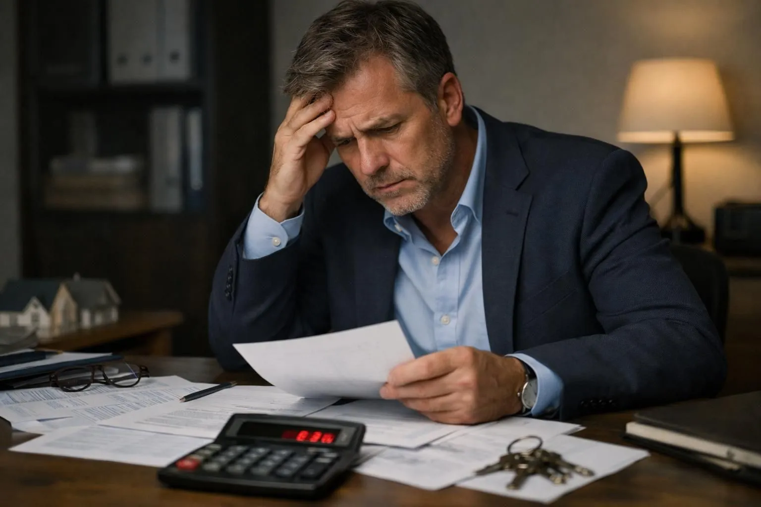Stressed property investor sitting at cluttered desk reviewing negative financial reports and property documents with calculator showing losses, empty rental property keys visible, worried expression under dim office lighting