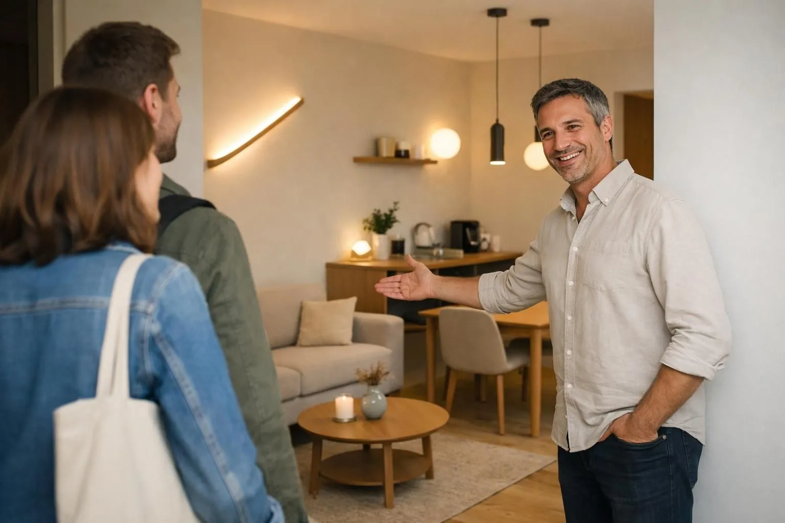 Modern apartment interior with welcoming design showing key exchange between property owner and guests in a bright living room with luggage, illustrating short-term rental hospitality in France