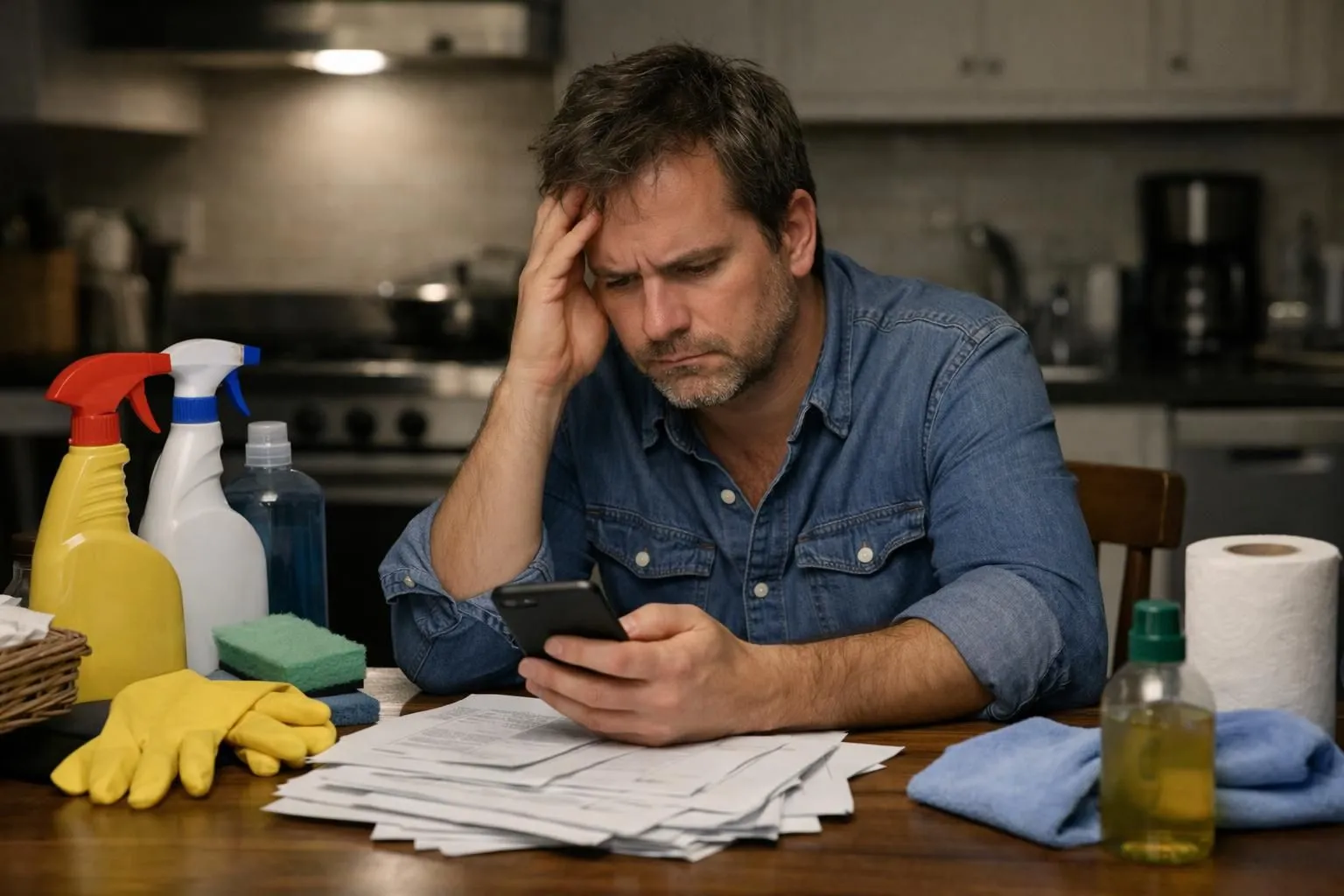 Exhausted property owner sitting at kitchen table late at night, surrounded by cleaning supplies and maintenance bills, checking phone messages with frustrated expression, dim lighting conveying stress of Airbnb management reality