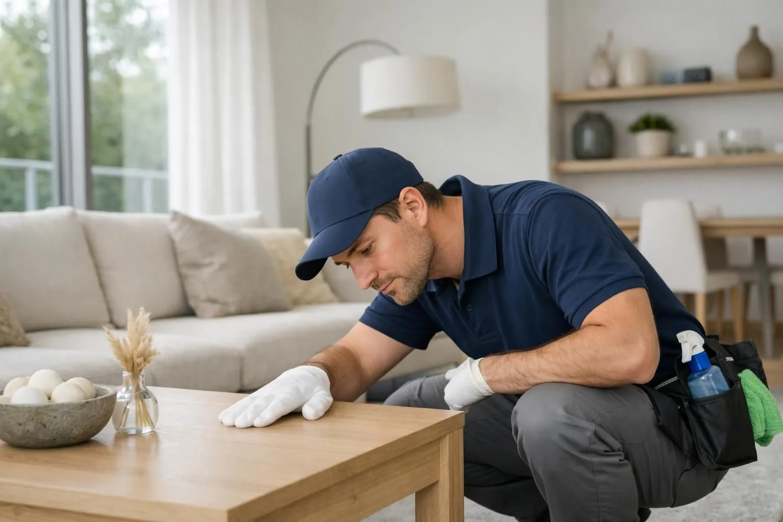 Professional cleaner in uniform performing detailed inspection of modern vacation rental living room, checking surfaces with white glove, bright airy space with designer furniture, quality control checklist visible, hospitality industry setting