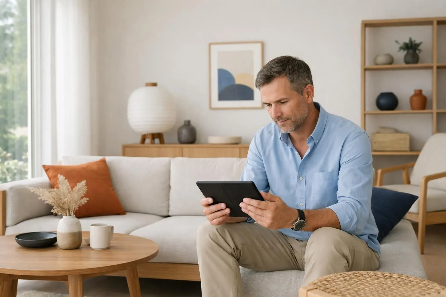 Professional property owner analyzing rental performance data on tablet in bright, minimalist Japandi-styled living room with wooden furniture, neutral tones, and natural light streaming through large windows