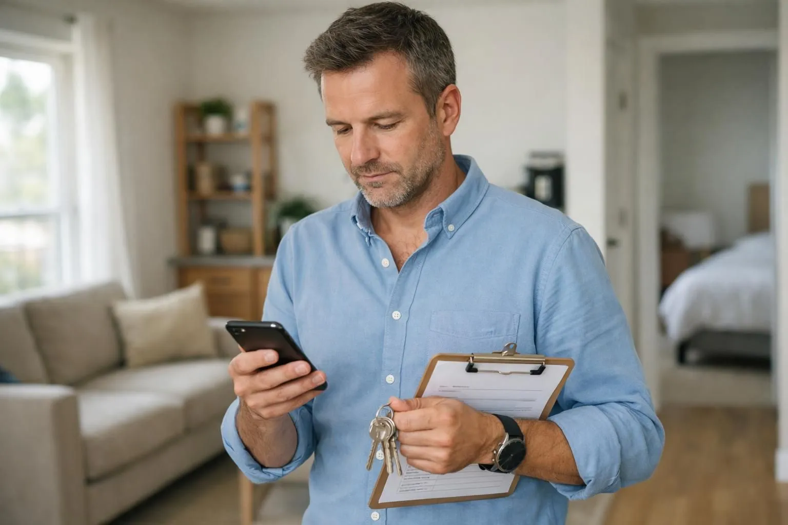 Professional vacation rental property manager in modern French apartment checking smartphone notifications while holding apartment keys and cleaning checklist, natural daylight through windows, realistic scene showing operational coordination