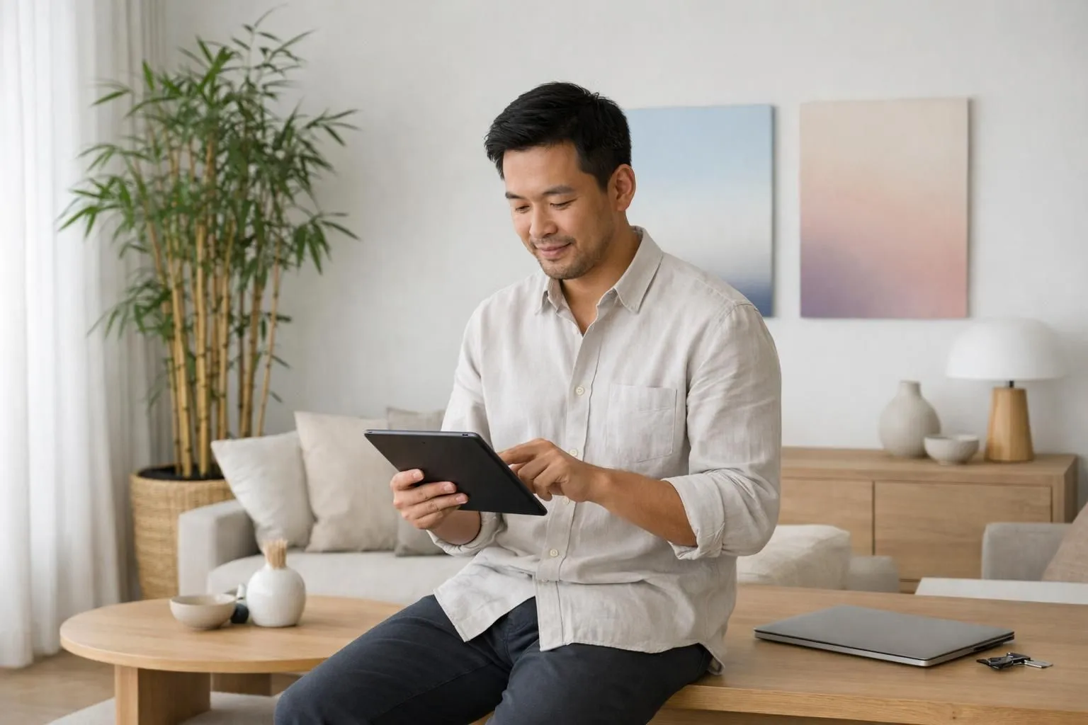 Professional property manager reviewing analytics on tablet in elegant Japandi-style vacation rental, natural light streaming through minimalist interior with bamboo elements and neutral tones, showcasing comprehensive service management