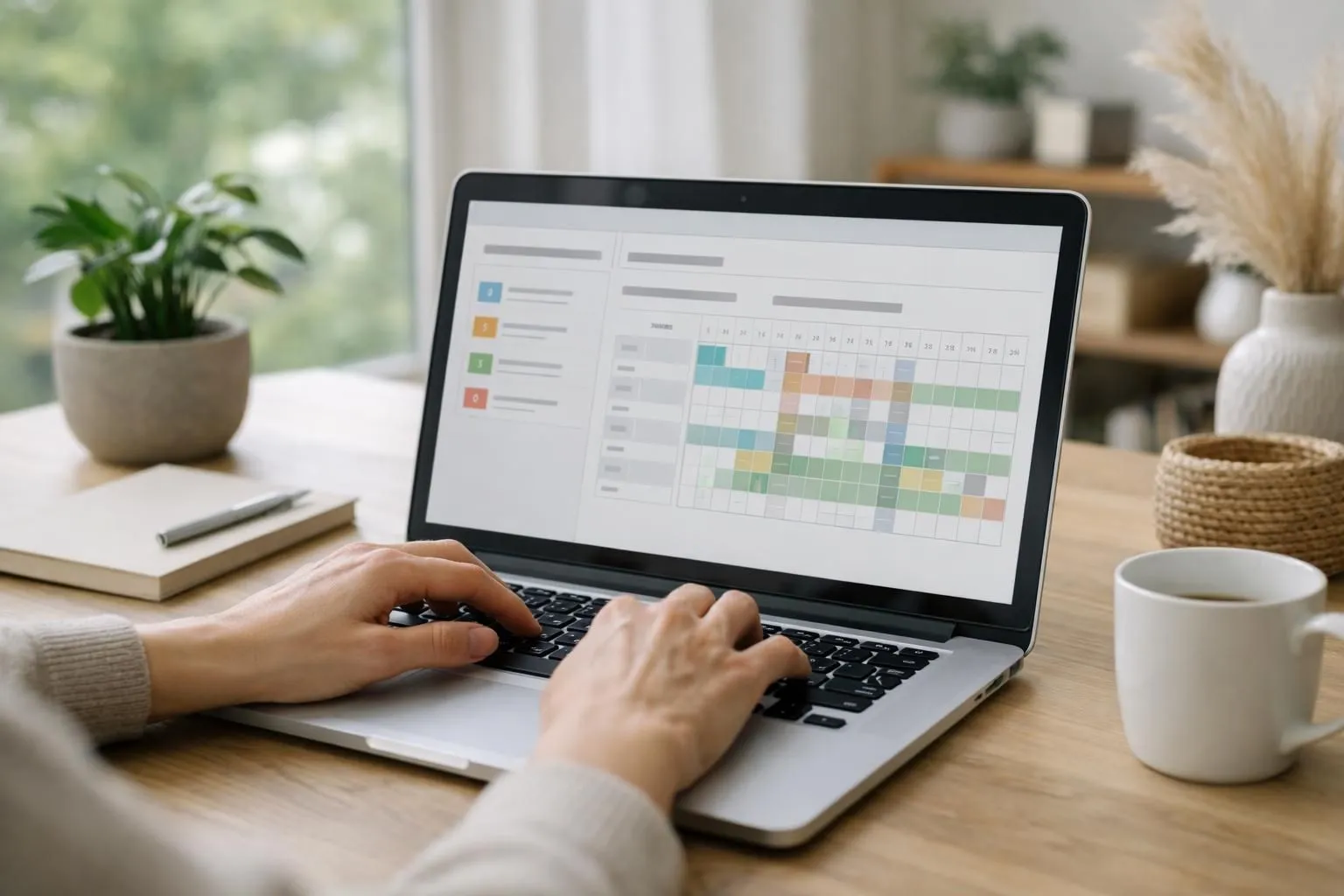 Modern laptop screen displaying a property management dashboard with synchronized calendars from multiple booking platforms (Airbnb, Booking.com icons visible), real-time availability grid showing color-coded dates, clean interface with notification badges, professional workspace setting