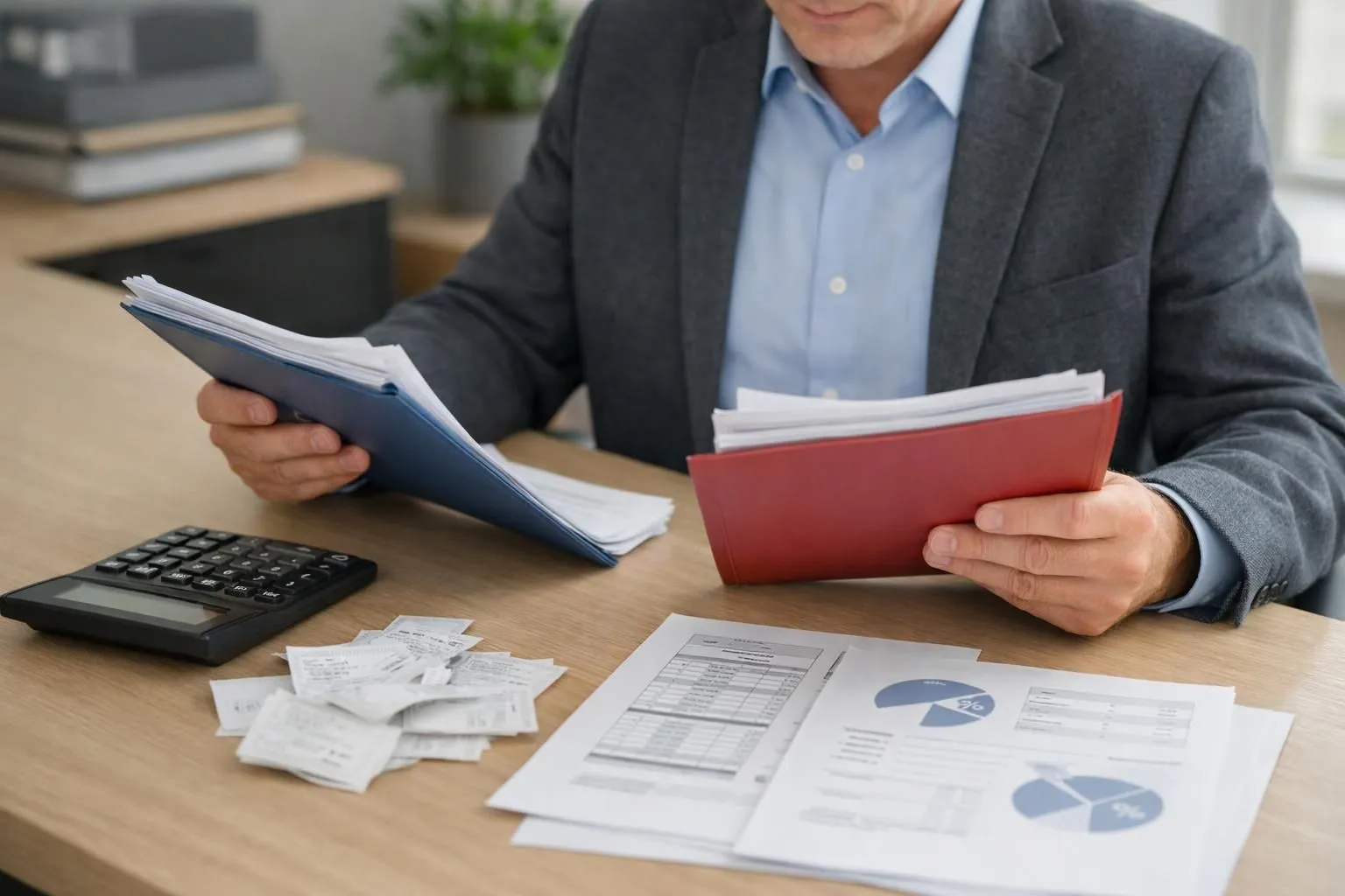 Professional reviewing two distinct tax filing folders on modern desk with calculator, documents showing percentage calculations and expense receipts, natural office lighting, realistic business setting representing fiscal regime choice for property rental