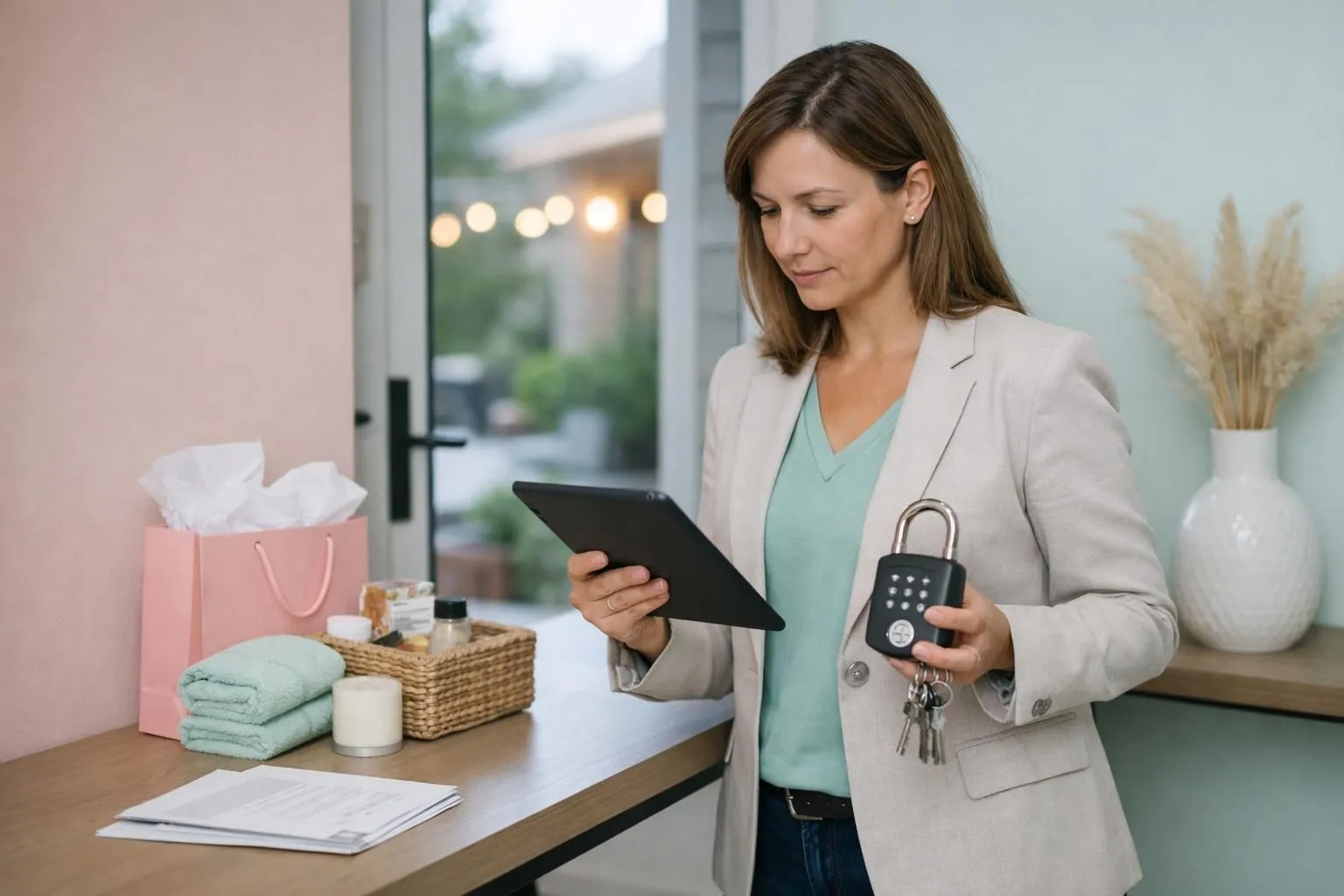 Property manager checking detailed digital checklist on tablet while holding smart lock and key set, rental property welcome kit and instructions visible on modern entryway table with outdoor lighting visible through door window