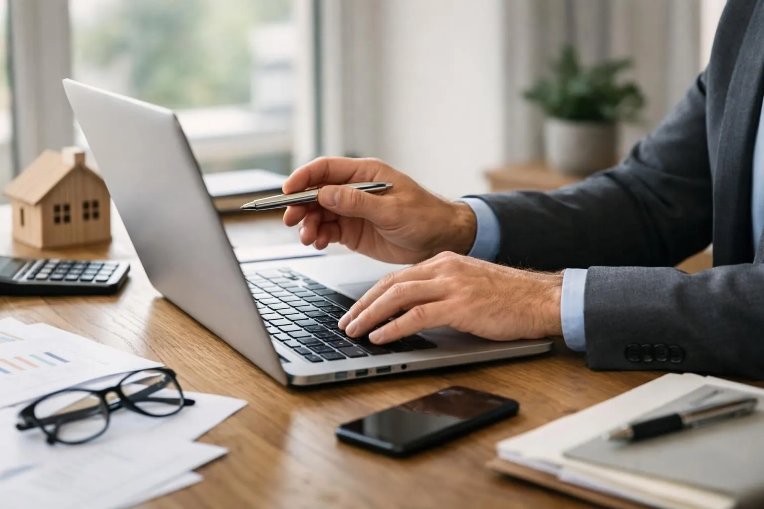 Modern laptop displaying detailed financial spreadsheet with colored graphs and pie charts analyzing rental property data, calculator and property floor plans spread on wooden desk, natural daylight streaming through window, professional workspace setting for real estate investment analysis