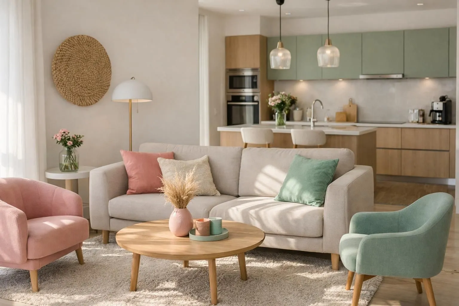 Modern French vacation rental living room with sunlight streaming through large windows, stylish furniture, fully equipped kitchen visible in background, cozy ambiance appealing to short-term rental guests, real estate investment context