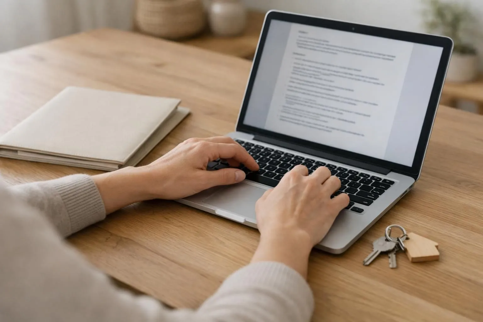 Modern host reviewing simplified rental rules document on laptop with guest welcome folder and keys on wooden table, warm natural lighting through window