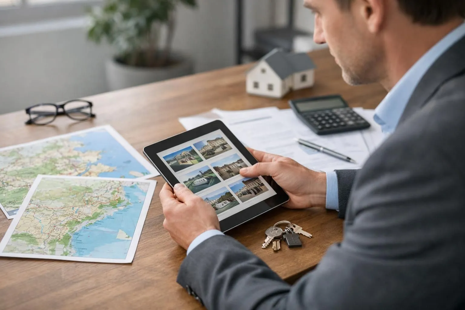 A real estate investor examining multiple property listings on a digital tablet, with maps showing tourist zones in Paris, Lyon and coastal areas, modern apartment keys and financial documents on a wooden table, natural daylight, professional business setting