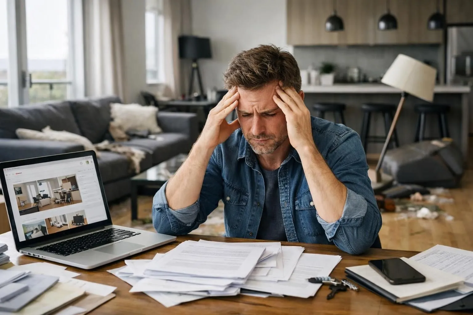 Stressed property owner sitting at desk surrounded by paperwork and laptop showing Airbnb platform, with damaged furniture visible in background of modern apartment, realistic indoor scene capturing frustration of vacation rental management