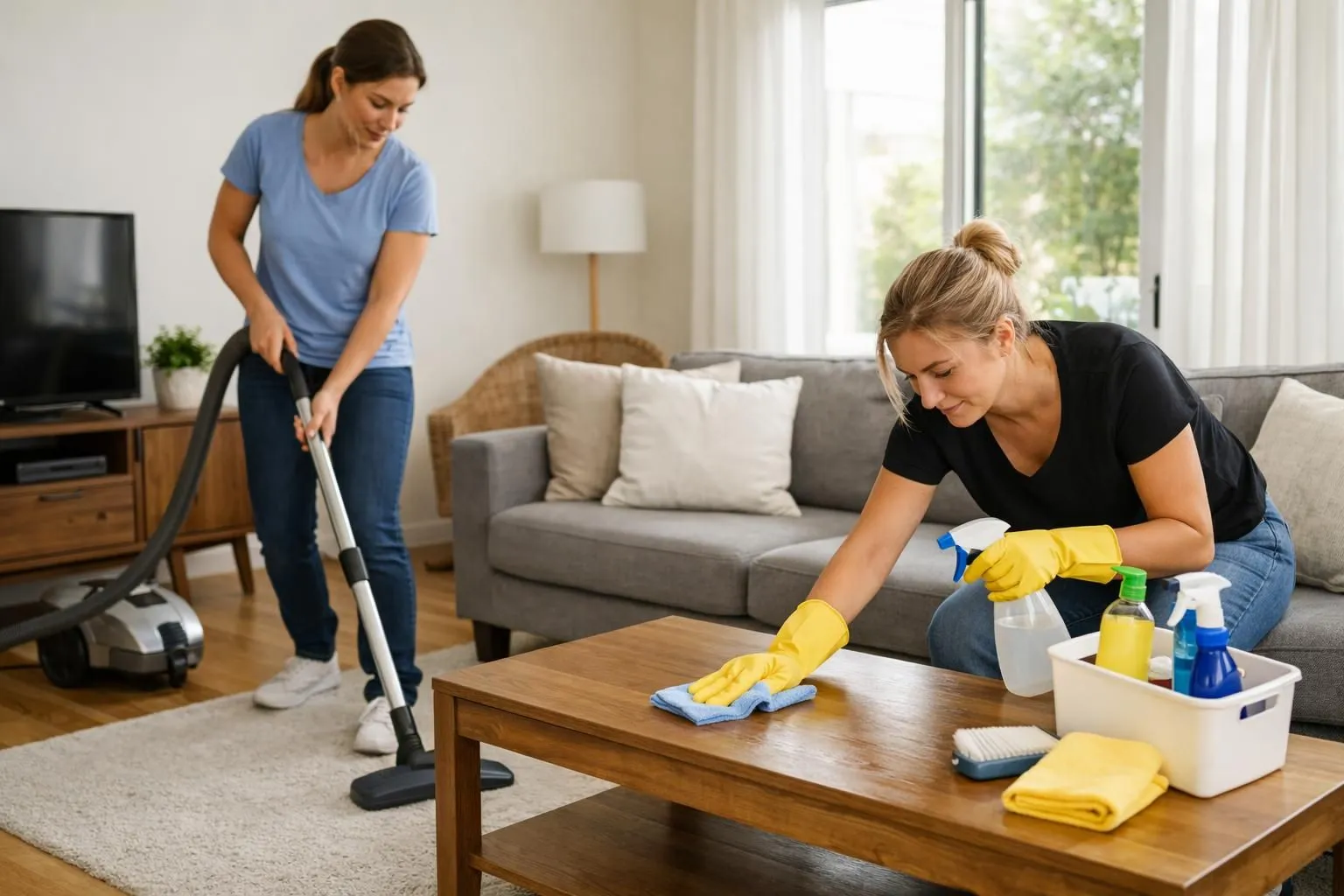 Professional cleaning team in action in modern Airbnb apartment living room, one person vacuuming carpet while another wipes down coffee table, cleaning supplies cart visible, bright natural lighting through windows, emphasis on methodical process and attention to detail