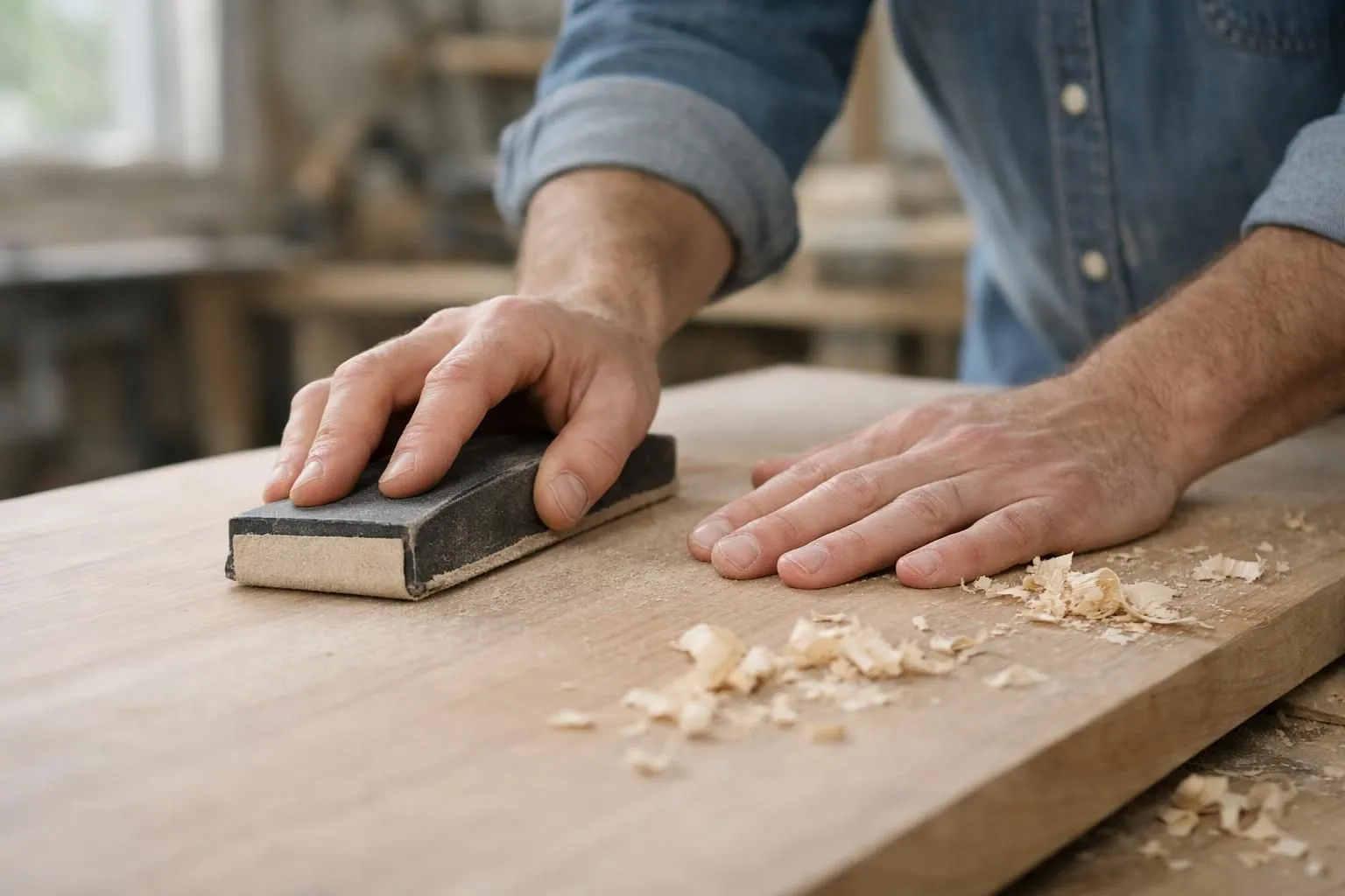 Modern Airbnb living room with beige sofa, light wood coffee table, cream walls, potted plants on windowsill, natural sunlight streaming through large windows, wooden floor, minimalist Japandi design elements, functional furniture arrangement, warm and inviting atmosphere