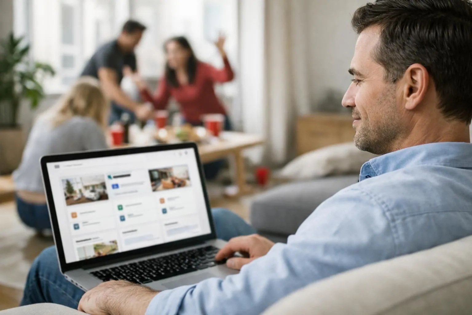 Split-screen comparison showing left side: stressed property owner at laptop surrounded by invoices, cleaning supplies, and phone notifications at night; right side: relaxed owner reviewing tablet showing revenue dashboard with upward trend graph, sitting in bright modern apartment interior. Photorealistic style, warm natural lighting, professional real estate management context.