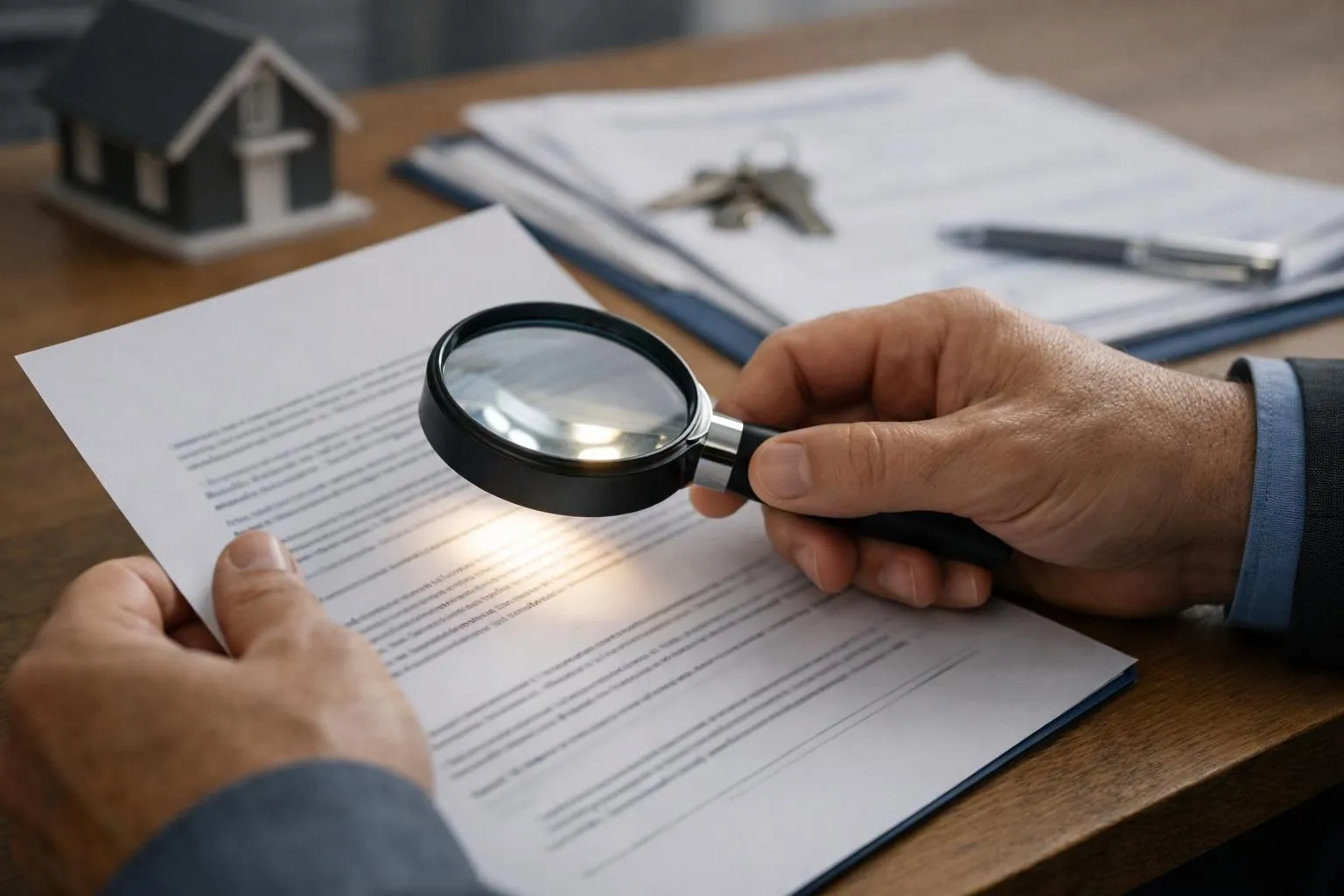 A property owner reviewing a detailed contract document with a calculator and laptop on a wooden desk, magnifying glass highlighting hidden fees section, professional home office setting with rental property photos visible in background, realistic photography style showing confusion and careful examination of paperwork