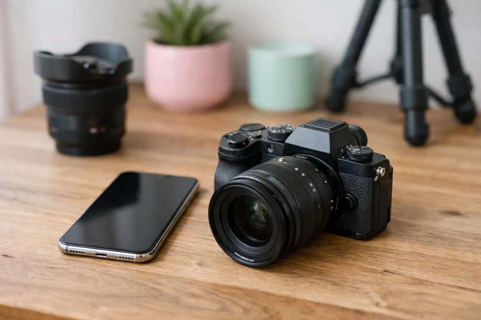 Smartphone moderne et appareil photo hybride posés côte à côte sur une table en bois avec un trépied et un objectif grand angle en arrière-plan, éclairage naturel doux par la fenêtre