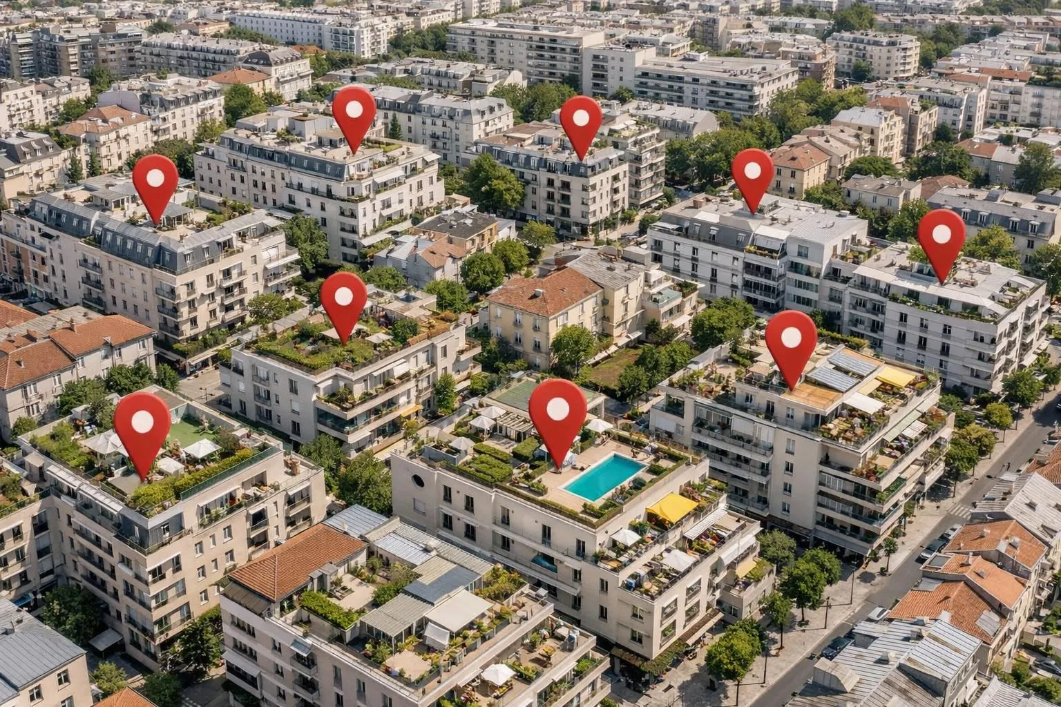 Aerial view of a French urban neighborhood showing multiple residential buildings with colorful rooftop terraces, some marked with subtle red location pins, map-style perspective highlighting clustered property zones in a city district like Lyon or Paris, realistic photography style showing urban density and proximity between buildings