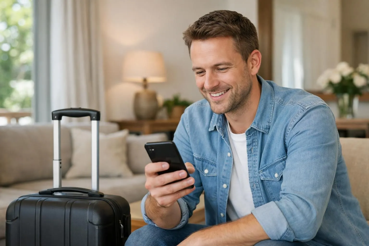 Voyageur souriant consultant sur son smartphone un message d'accueil personnalisé avec détails pratiques, valise à côté, dans un cadre chaleureux suggérant l'anticipation d'un séjour agréable, lumière naturelle apaisante