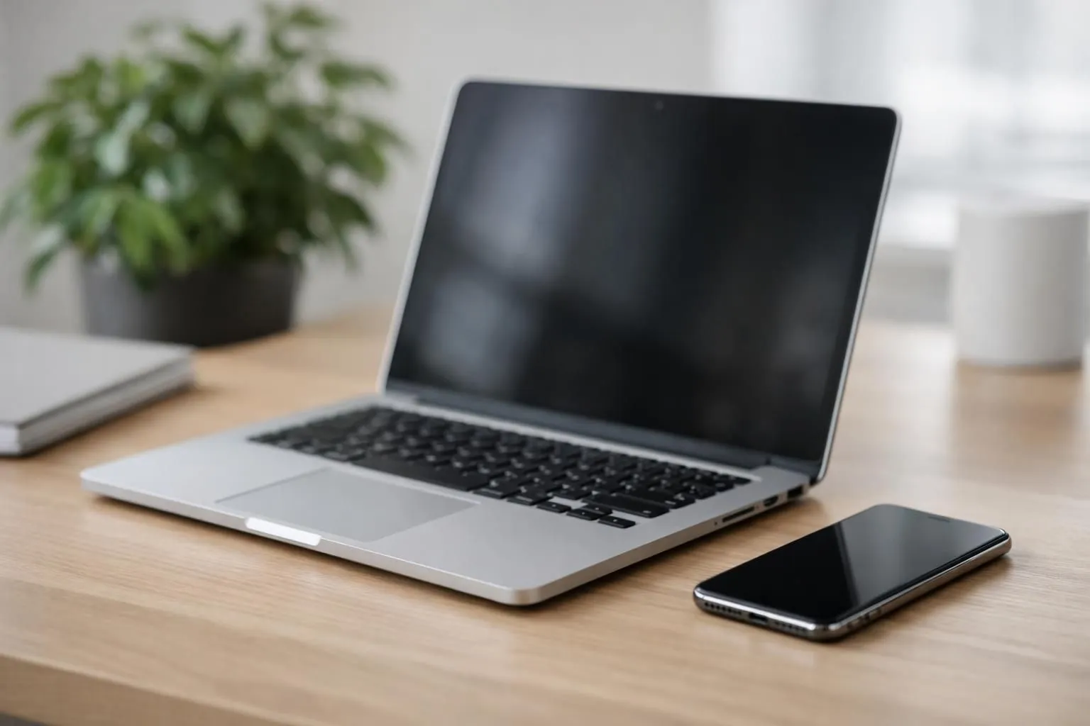 Propriétaire travaillant sur ordinateur portable créant un livret d'accueil digital, écran montrant mise en page de document avec photos d'hébergement, smartphone et carnet de notes sur bureau moderne, ambiance lumineuse et organisée, espace de travail épuré avec plante verte