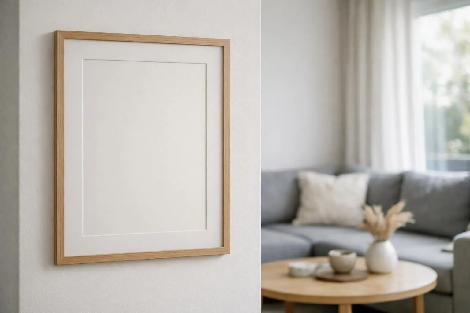 Modern vacation rental living room with elegant house rules document displayed in minimalist frame on clean white wall, natural daylight streaming through windows, comfortable sofa and coffee table visible, professional photography style showing attention to property care