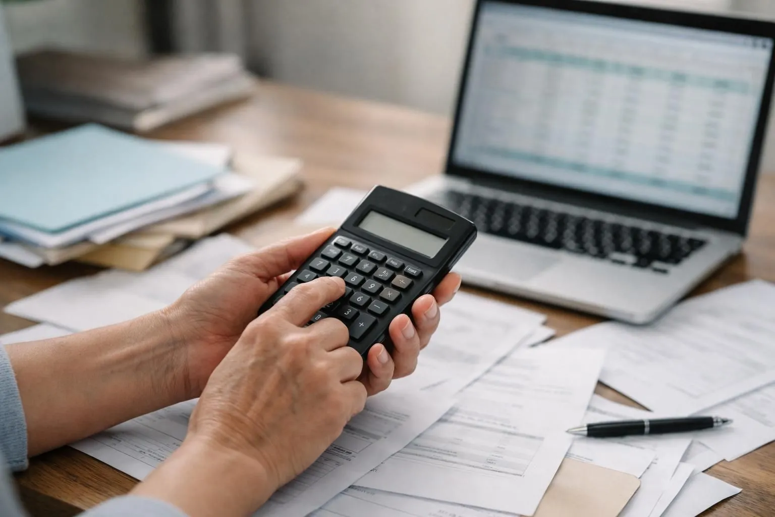 Close-up of worried person's hands holding calculator over scattered financial documents, mortgage papers, and bank statements on wooden desk with laptop showing budget spreadsheet in soft natural lighting