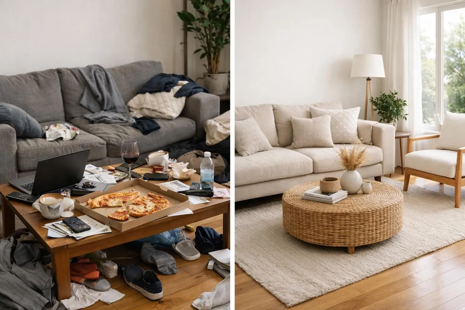 Split-screen comparison of a rental living room: left side cluttered with personal items, cables, and extra furniture, right side minimalist and photography-ready with strategic spacing, bright natural light streaming through clean windows, professional Airbnb staging atmosphere