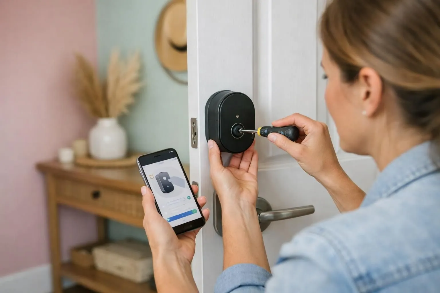 Property owner installing smart lock on wooden vacation rental door, hands holding screwdriver and smartphone with installation app visible, modern entrance hallway background