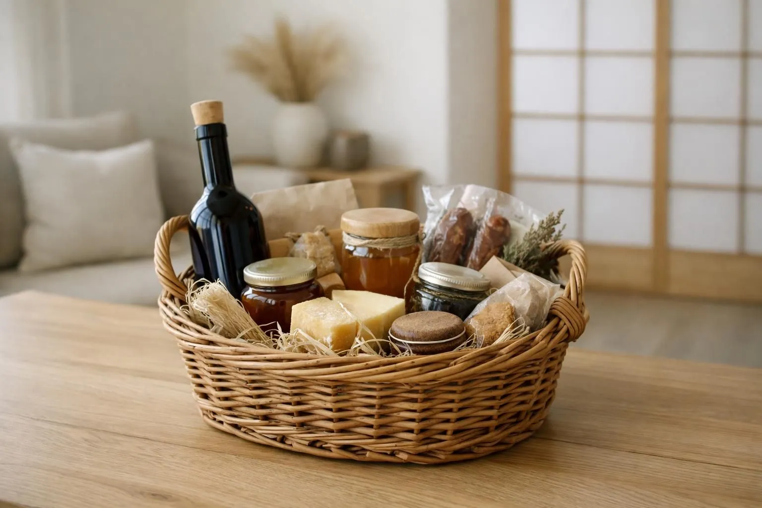Modern vacation rental interior with welcome basket containing local products on wooden table, soft natural lighting through window, minimalist japandi-style decor, bottles of water and coffee capsules visible, handwritten note, warm inviting atmosphere