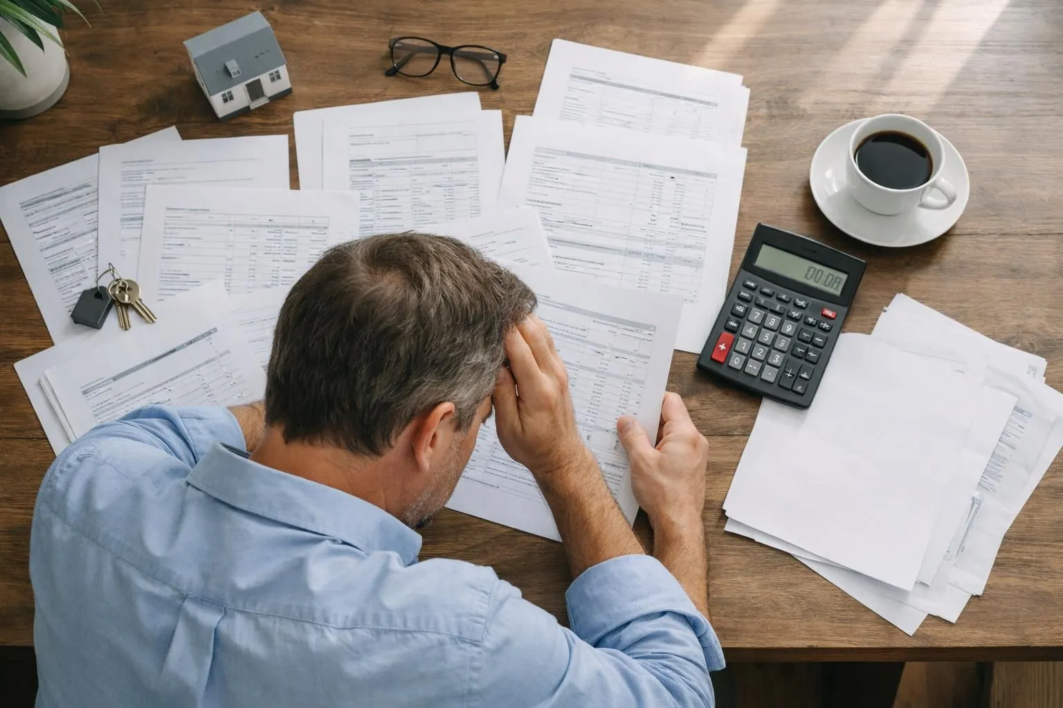 Property owner at wooden desk examining financial documents with furrowed brow, hand on forehead showing concern, calculator displaying negative numbers, scattered rental contracts and expense reports, coffee cup, daylight streaming through window, realistic home office atmosphere, laptop screen showing booking platform dashboard