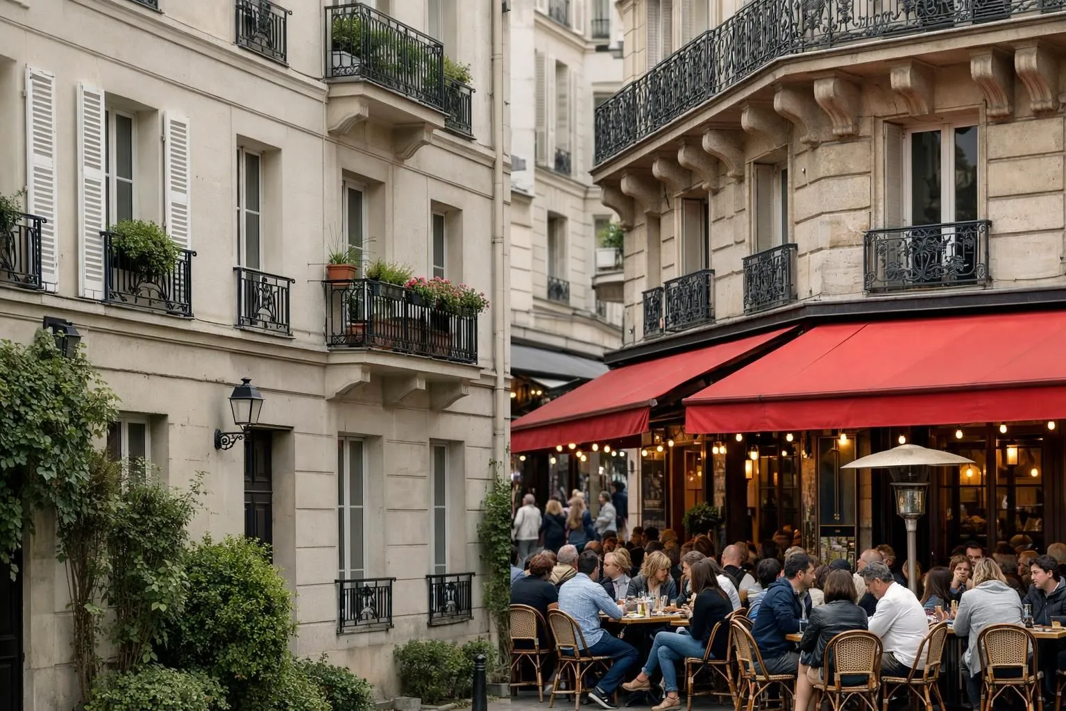 Split view comparison showing bustling tourist street with cafes and attractions on one side versus quiet residential area with empty sidewalks on other, illustrating location choice impact for rental investment property