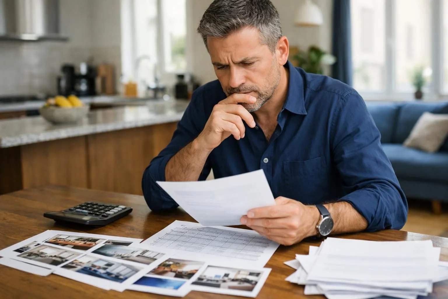 Real estate investor reviewing rental property documents and expenses spreadsheet at kitchen table, worried expression, surrounded by Airbnb listing printouts and calculator, modern French apartment interior visible in background, natural daylight through window, realistic photo style