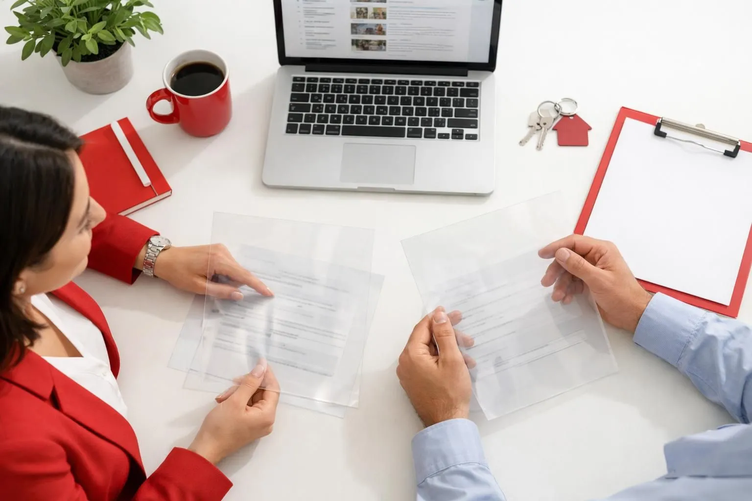 Professional property manager reviewing transparent pricing documents with attentive property owner across modern desk, open laptop showing detailed service breakdown, bright natural office lighting conveying trust and clarity in short-term rental management discussion