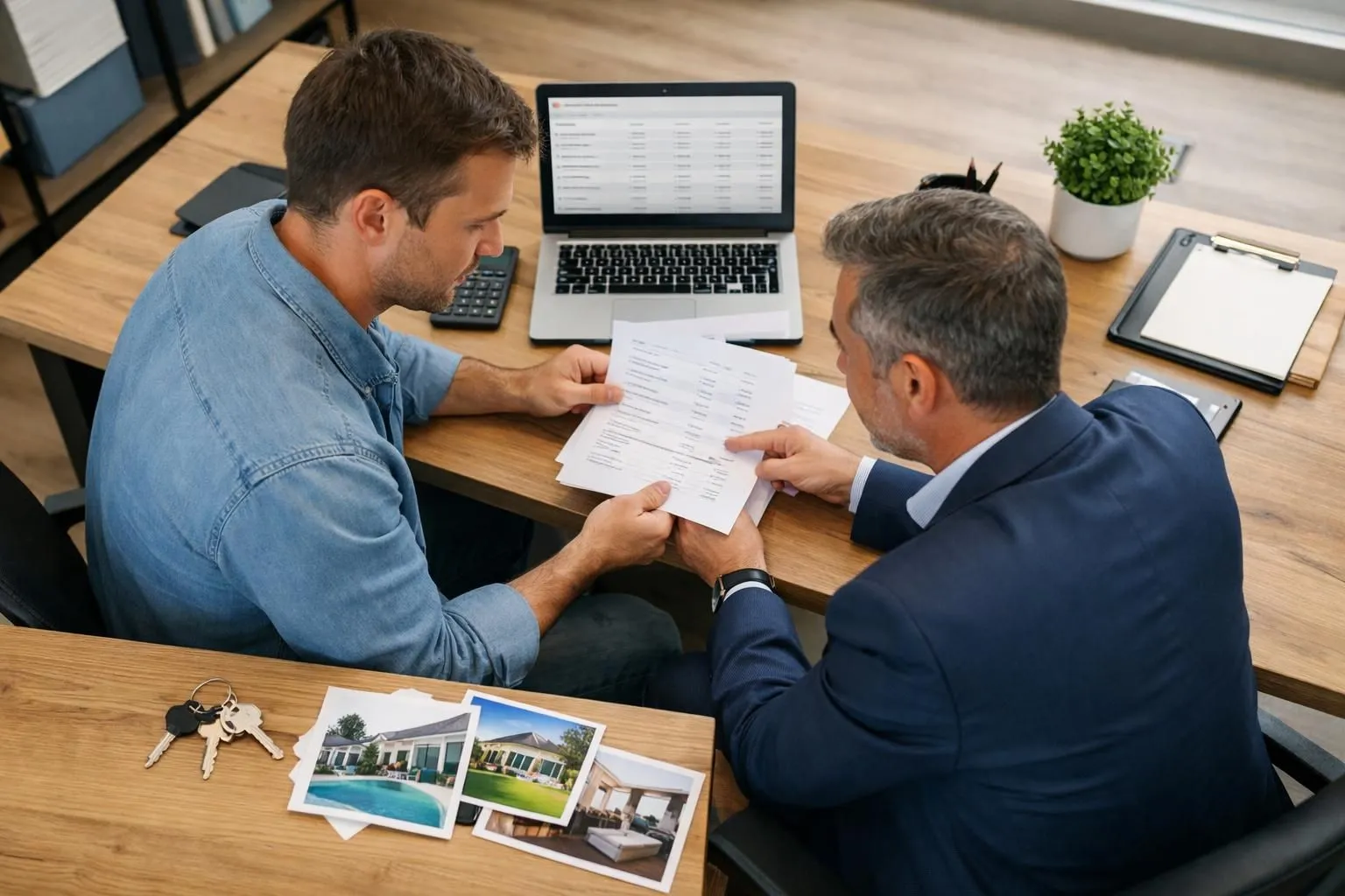A property owner reviewing documents with a concierge service representative in a modern office, showing transparent pricing calculations on a laptop screen, with keys and rental property photos visible on the desk