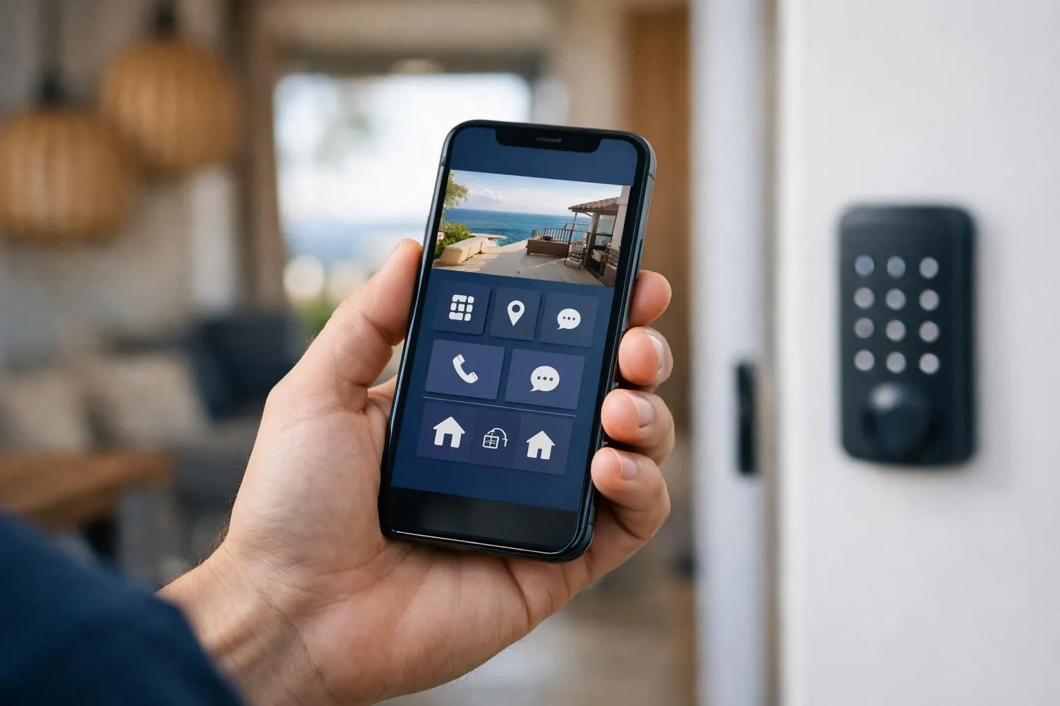 Close-up of a smartphone held in hand displaying an automated guest message interface with access code, map pin, and check-in instructions for a vacation rental property, realistic photo with natural lighting