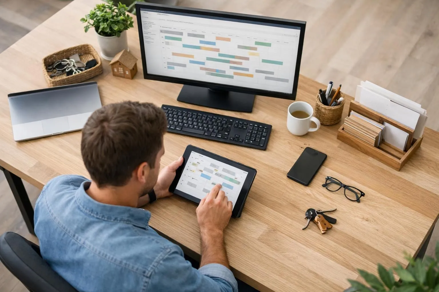 Professionnel de conciergerie travaillant sur tablette moderne affichant interface de livret d'accueil digital, avec écran d'ordinateur en arrière-plan montrant calendrier de réservations Airbnb et tableaux de bord de gestion locative, bureau contemporain avec plantes vertes et lumière naturelle