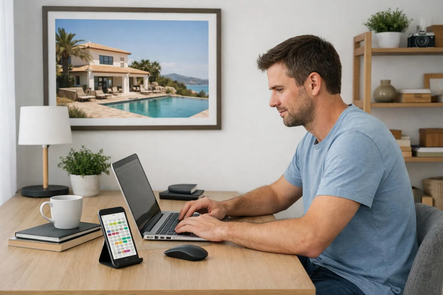 Professional property owner in business casual attire managing vacation rental remotely on laptop in modern home office with smartphone showing booking calendar and Mediterranean coastal villa photograph on wall behind