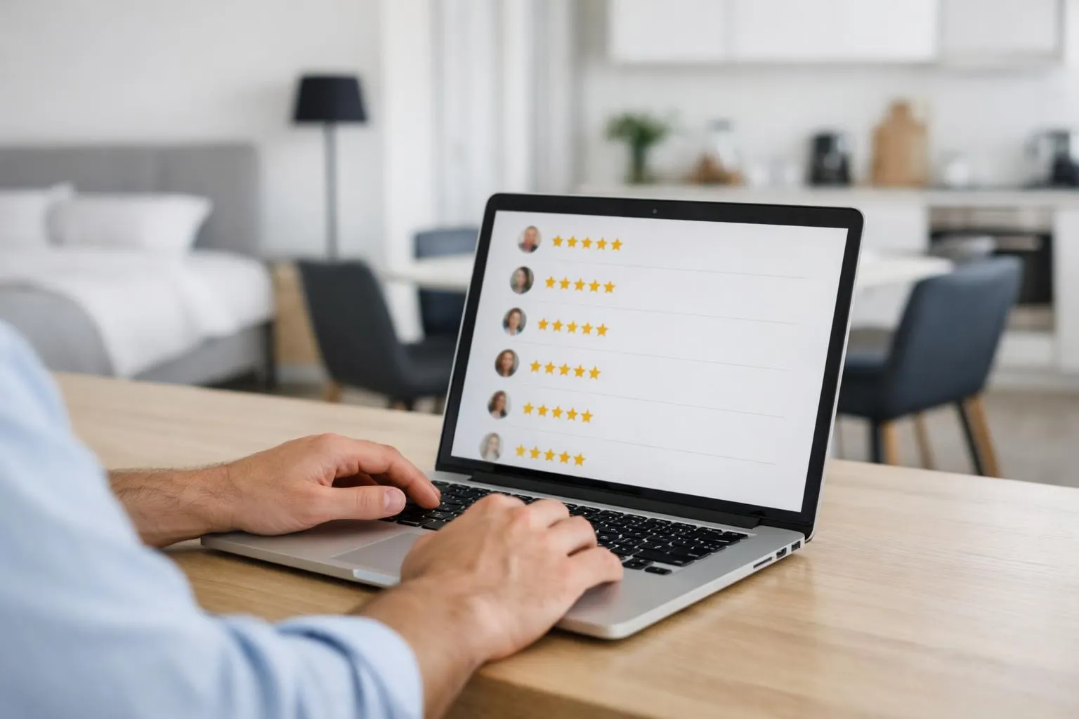 Modern laptop screen showing Airbnb positive reviews interface with five-star ratings, viewed by professional host in bright contemporary apartment setting with rental property visible in background