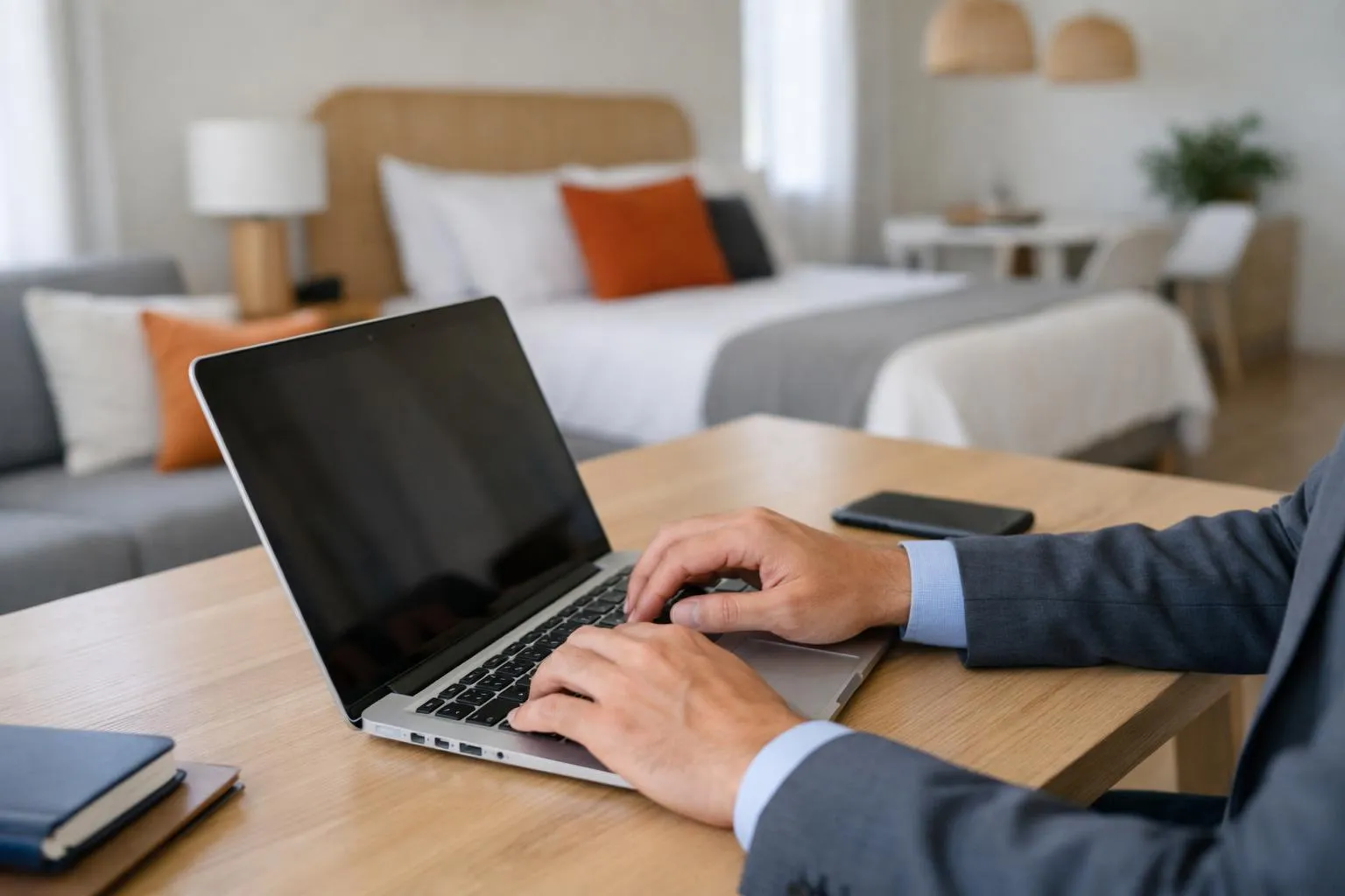 Professional property manager reviewing rental pricing analytics on laptop screen with graphs showing occupancy rates and revenue data, modern Airbnb rental interior visible in background, natural lighting through large windows