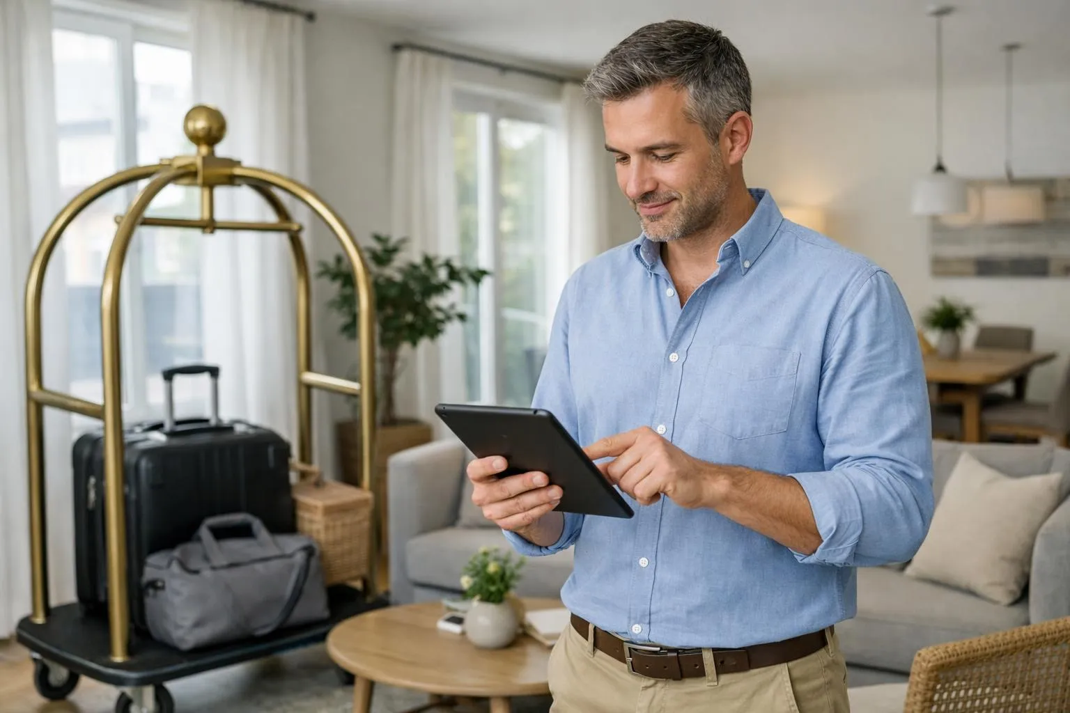 Professional property manager in business casual attire reviewing vacation rental tablet checklist while standing in bright modern furnished living room with luggage cart, showcasing operational home management for short-term rentals