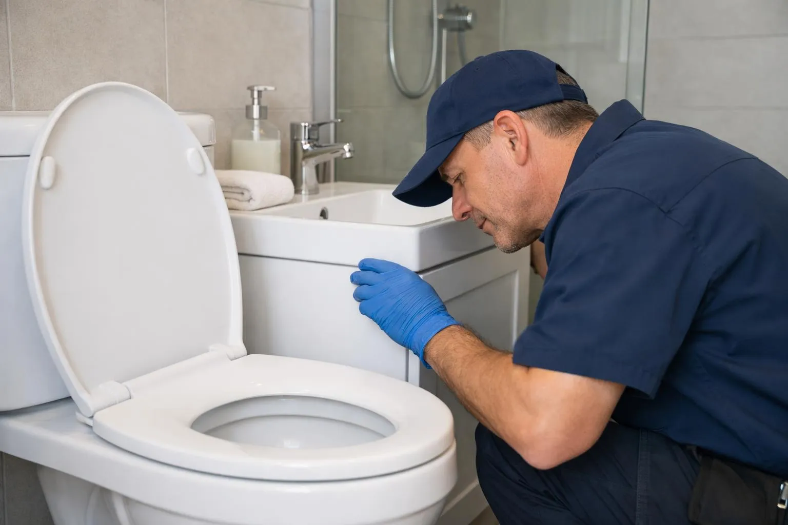 Professional cleaner in uniform checking spotless modern Airbnb bathroom with detailed inspection checklist, focus on immaculate toilet and sink, bright vacation rental interior lighting, real documentary photography style