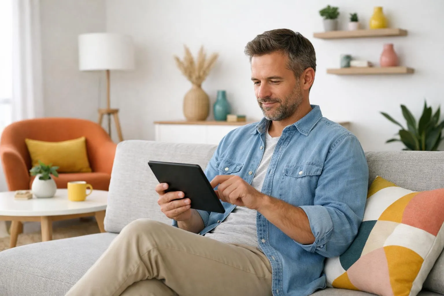 Propriétaire souriant regardant des graphiques de revenus locatifs en hausse sur une tablette dans un salon lumineux et moderne avec décoration épurée style japandi, fenêtres lumineuses en arrière-plan
