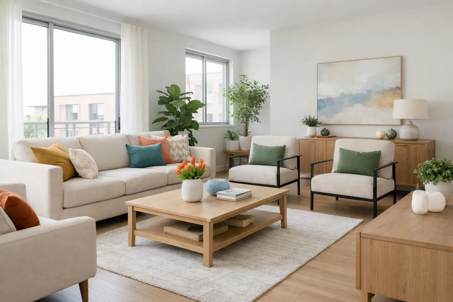 Salon lumineux avant-après home staging montrant la transformation d'un espace vide en intérieur accueillant avec canapé beige, table basse en bois, plantes vertes et coussins décoratifs, lumière naturelle traversant de grandes fenêtres