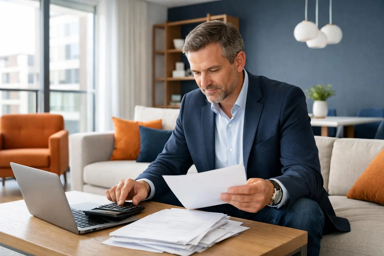 Professional property owner in modern living room reviewing financial documents with calculator and laptop, neutral tones, organized workspace with rental property keys visible, bright natural lighting through large window showing contemporary furnished apartment interior
